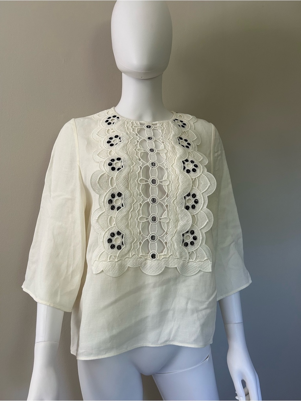 Chloé Embroidered Linen Blend Blouse Milk Ivory 3/4 Sleeve FR 36 NWT